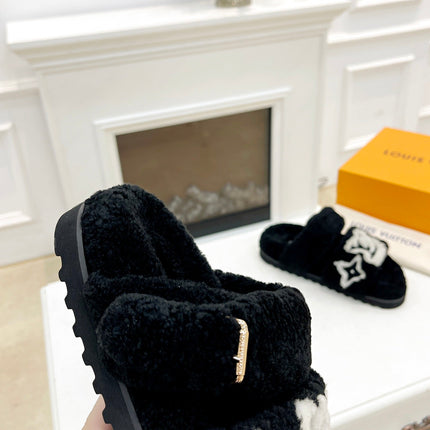 DAD SANDAL MULE IN BLACK MIX WHITE FLEECE