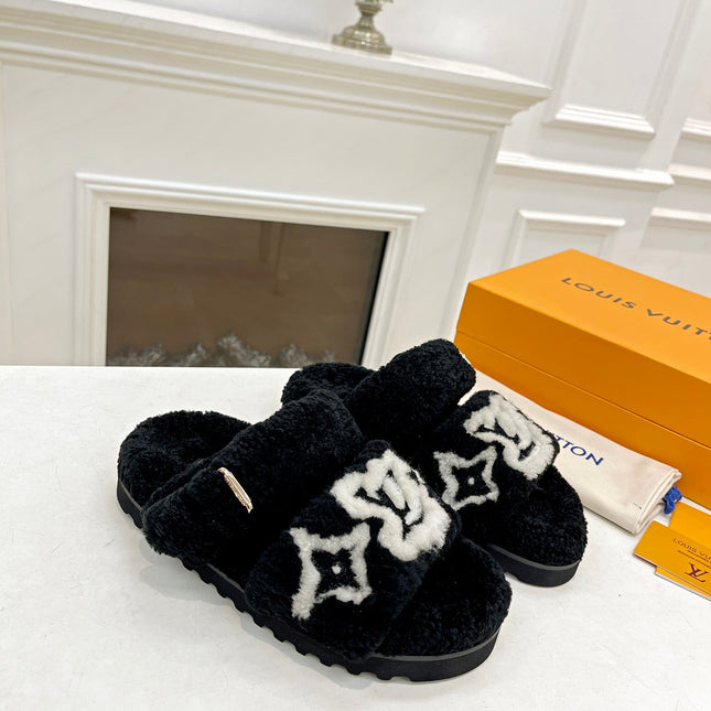 DAD SANDAL MULE IN BLACK MIX WHITE FLEECE