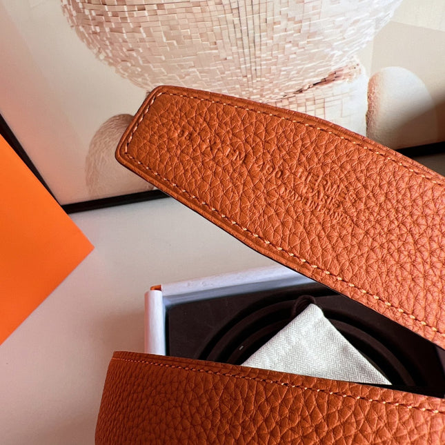 HM ROYAL BELT BUCKLE & REVERSIBLE NOIR AND ORANGE LEATHER STRAP 32 MM GOLD HARDWARE