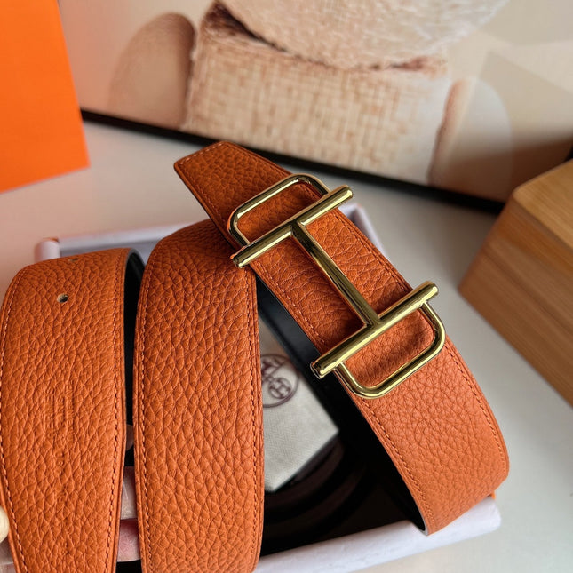 HM ROYAL BELT BUCKLE & REVERSIBLE NOIR AND ORANGE LEATHER STRAP 32 MM GOLD HARDWARE