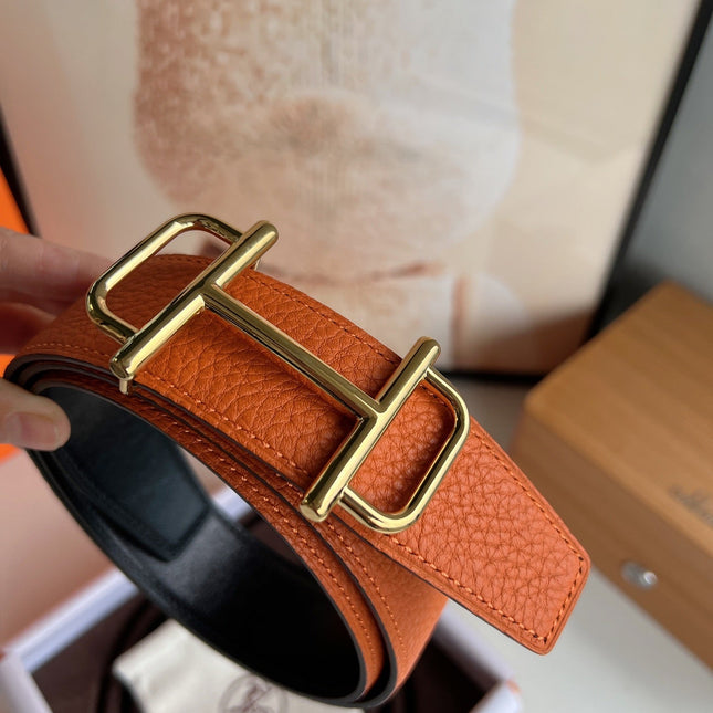HM ROYAL BELT BUCKLE & REVERSIBLE NOIR AND ORANGE LEATHER STRAP 32 MM GOLD HARDWARE