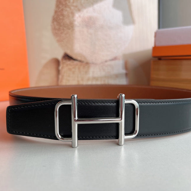 HM ROYAL BELT BUCKLE & REVERSIBLE NOIR AND CIDER ORANGE LEATHER STRAP 32 MM SILVER HARDWARE