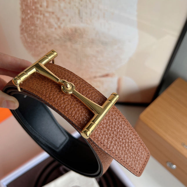 HM JUMBO BELT BUCKLE & REVERSIBLE CIDER ORANGE AND BLACK LEATHER STRAP 38 MM GOLD HARDWARE