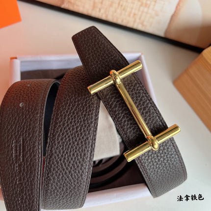 HM H D'ANCRE BELT BUCKLE & REVERSIBLE CHOCOLATE BROWN LEATHER STRAP 38 MM GOLD HARDWARE