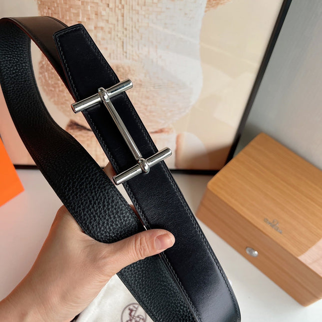 HM H D'ANCRE BELT BUCKLE & REVERSIBLE BLACK LEATHER STRAP 38 MM SILVER HARDWARE