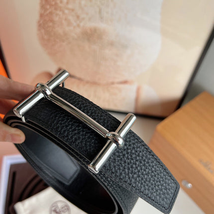 HM H D'ANCRE BELT BUCKLE & REVERSIBLE BLACK LEATHER STRAP 38 MM SILVER HARDWARE