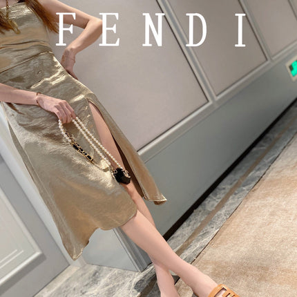 FENDI BAGUETTE SLIDES IN  COPPER BROWN LAMBSKIN