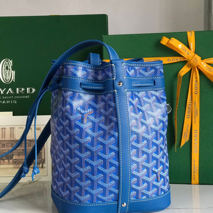 PETIT FLOT BUCKET BAG 22 IN SAPPHIRE BLUE GOYARDINE CANVAS AND LAMBSKIN TRIM