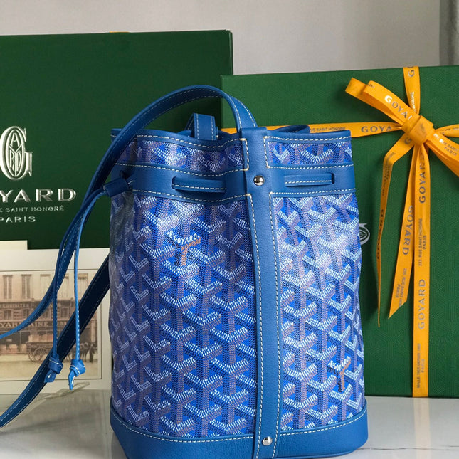 PETIT FLOT BUCKET BAG 22 IN SAPPHIRE BLUE GOYARDINE CANVAS AND LAMBSKIN TRIM