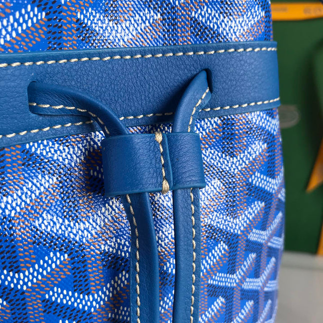 PETIT FLOT BUCKET BAG 22 IN SAPPHIRE BLUE GOYARDINE CANVAS AND LAMBSKIN TRIM