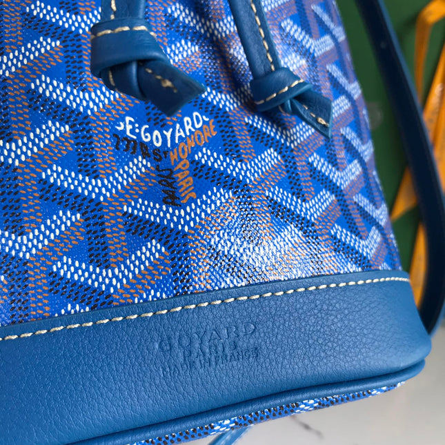 PETIT FLOT BUCKET BAG 22 IN SAPPHIRE BLUE GOYARDINE CANVAS AND LAMBSKIN TRIM