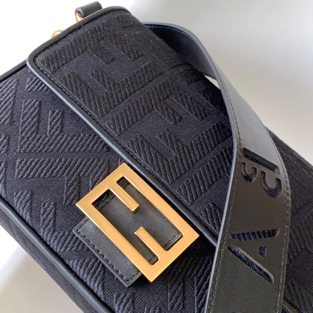 Fend Baguette Black Canvas Bag 27 with FF Embroidery Ghw