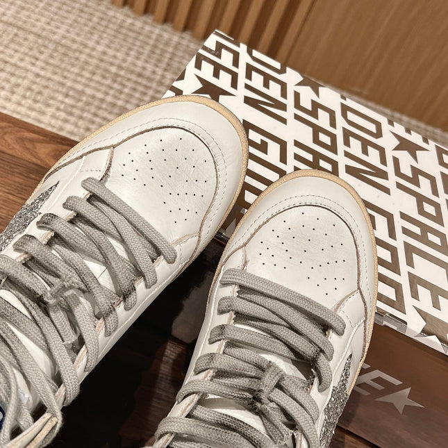 SKY-STAR SNEAKERS IN WHITE NAPPA LAMBSKIN WITH SILVER GLITTER STAR AND HEEL TAB