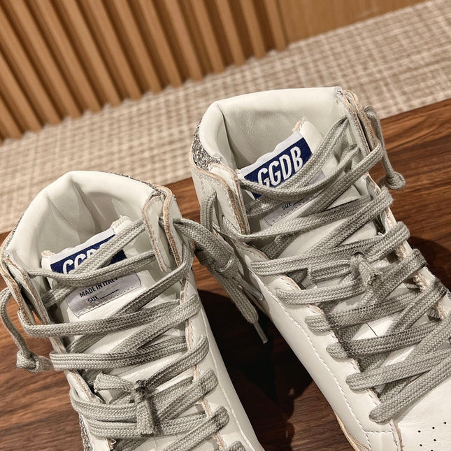 SKY-STAR SNEAKERS IN WHITE NAPPA LAMBSKIN WITH SILVER GLITTER STAR AND HEEL TAB