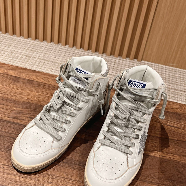 SKY-STAR SNEAKERS IN WHITE NAPPA LAMBSKIN WITH SILVER GLITTER STAR AND HEEL TAB