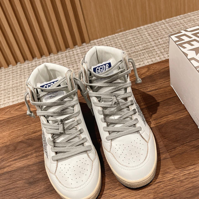 SKY-STAR SNEAKERS IN WHITE NAPPA LAMBSKIN WITH SILVER GLITTER STAR AND HEEL TAB
