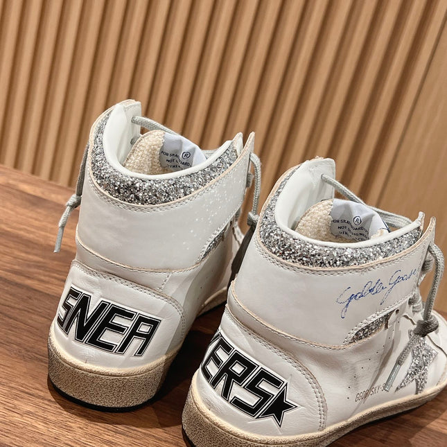 SKY-STAR SNEAKERS IN WHITE NAPPA LAMBSKIN WITH SILVER GLITTER STAR AND HEEL TAB