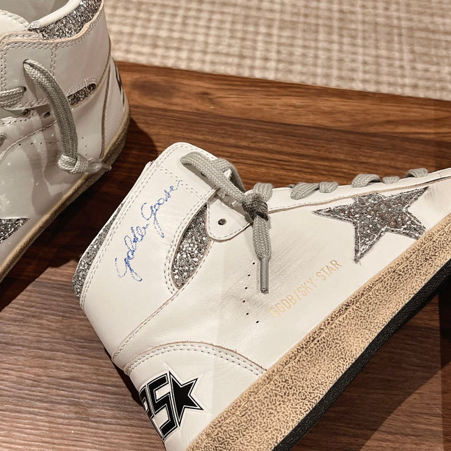 SKY-STAR SNEAKERS IN WHITE NAPPA LAMBSKIN WITH SILVER GLITTER STAR AND HEEL TAB