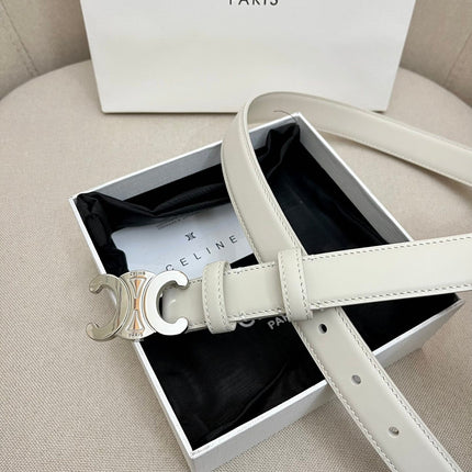 CELINE 25S TRIOMPHE 25MM BELT IN WHITE CALFSKIN SILVER HARDWARE