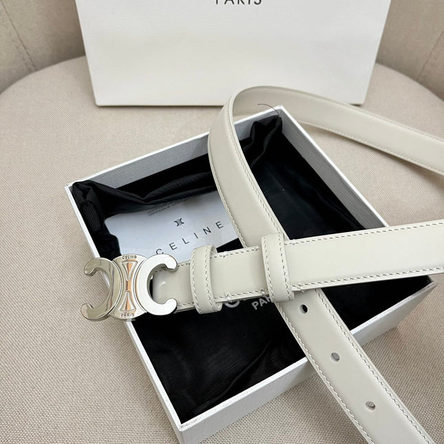 CELINE 25S TRIOMPHE 25MM BELT IN WHITE CALFSKIN SILVER HARDWARE