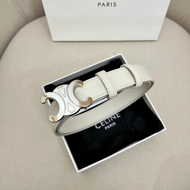 CELINE 25S TRIOMPHE 25MM BELT IN WHITE CALFSKIN SILVER HARDWARE