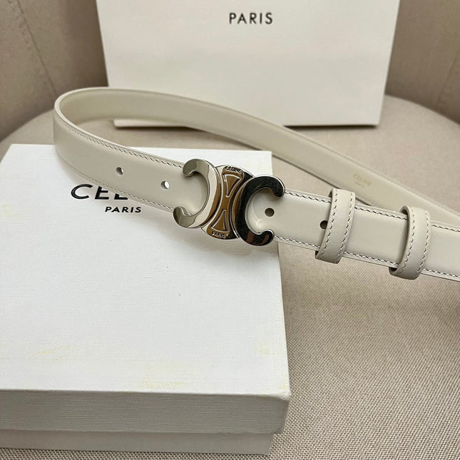 CELINE 25S TRIOMPHE 25MM BELT IN WHITE CALFSKIN SILVER HARDWARE