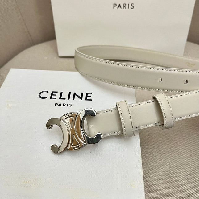 CELINE 25S TRIOMPHE 25MM BELT IN WHITE CALFSKIN SILVER HARDWARE