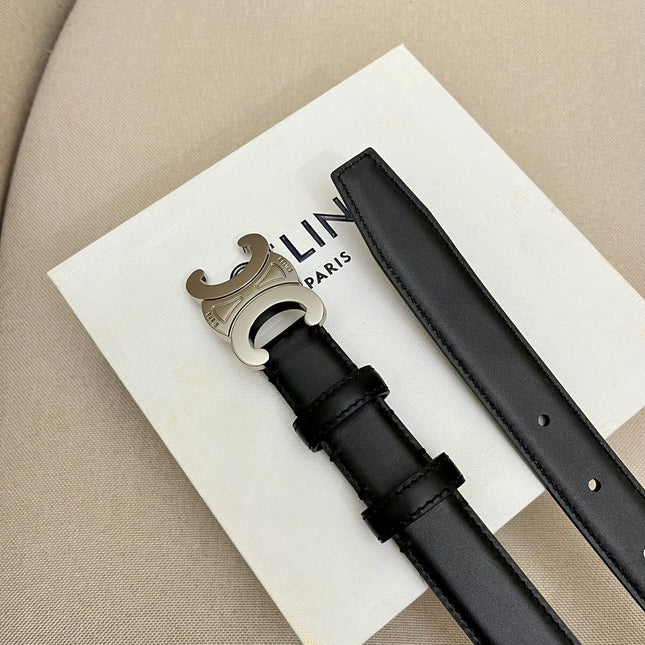 CELINE 25S TRIOMPHE 25MM BELT IN BLACK CALFSKIN SILVER HARDWARE