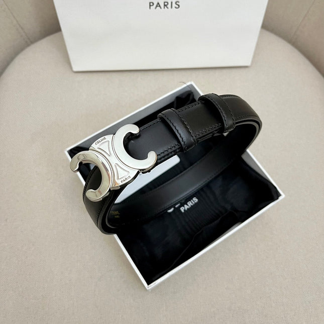 CELINE 25S TRIOMPHE 25MM BELT IN BLACK CALFSKIN SILVER HARDWARE