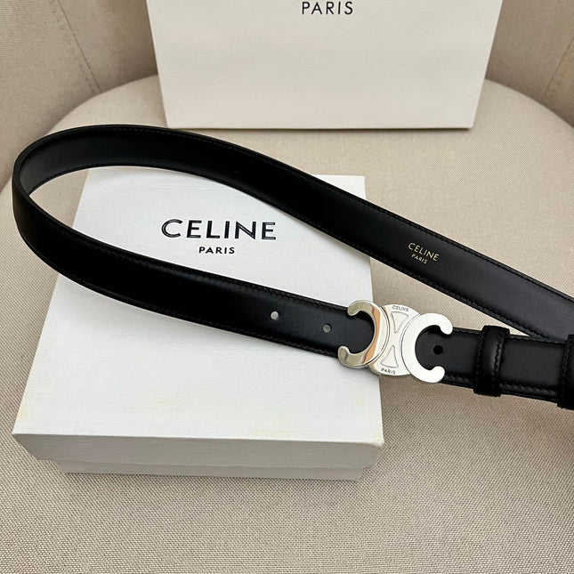 CELINE 25S TRIOMPHE 25MM BELT IN BLACK CALFSKIN SILVER HARDWARE