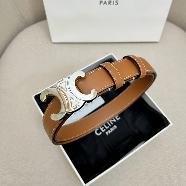 CELINE 25S TRIOMPHE 25MM BELT IN CARAMEL CALFSKIN SILVER HARDWARE