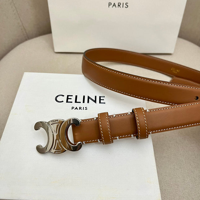 CELINE 25S TRIOMPHE 25MM BELT IN CARAMEL CALFSKIN SILVER HARDWARE