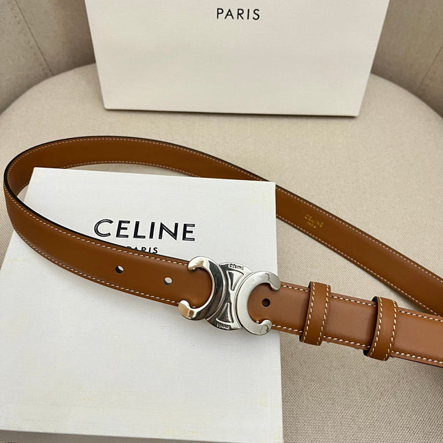 CELINE 25S TRIOMPHE 25MM BELT IN CARAMEL CALFSKIN SILVER HARDWARE