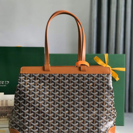 BELLECHASSE BIAUDE PM BAG 36 IN BLACK GOYARDINE CANVAS AND TAN CALFSKIN TRIM