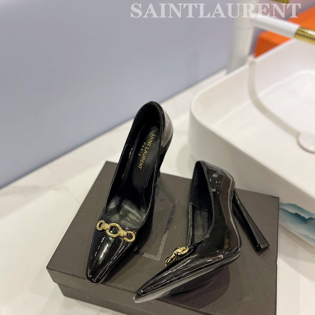 SL SILVANA CHAIN PUMPS GLOSSY BLACK CALFSKIN