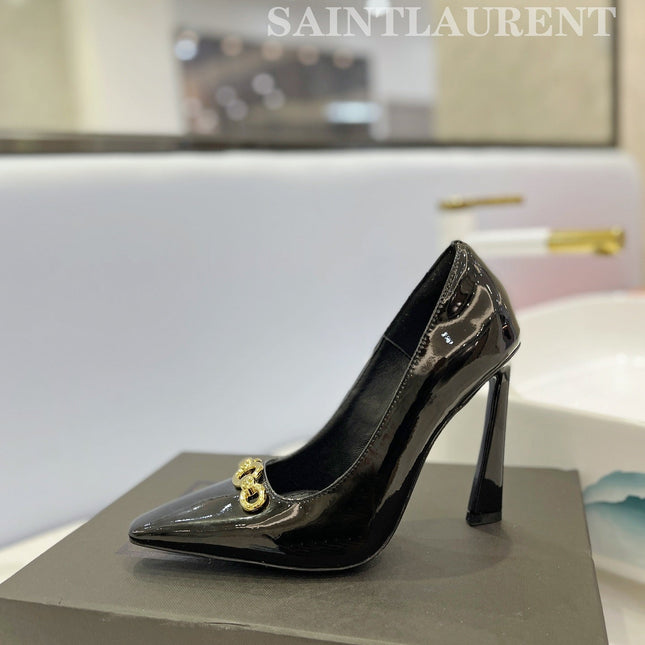 SL SILVANA CHAIN PUMPS GLOSSY BLACK CALFSKIN