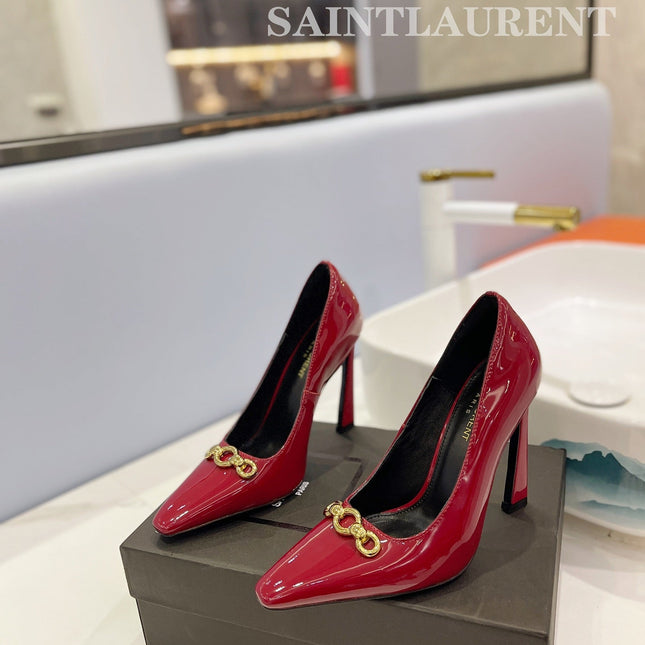 SL SILVANA CHAIN PUMPS GLOSSY RED CALFSKIN