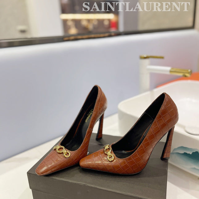 SL SILVANA CROCODILE MOTIF CHAIN PUMPS BROWN CALFSKIN