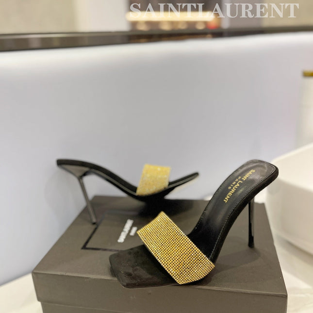 SL LUCKY GOLD CRYSTAL HIGH HEELS BLACK CALFSKIN