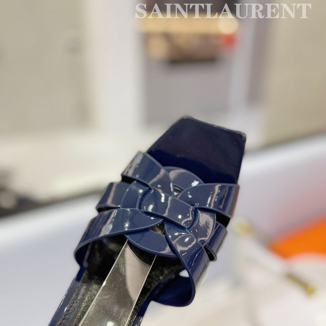 SL TRIBUTE FLATFORM SANDALS GLOSSY NAVY CALFSKIN