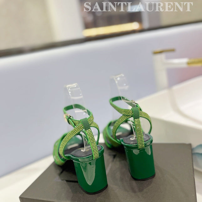 SL TRIBUTE CRYSTAL SANDALS DARK GREEN CALFSKIN