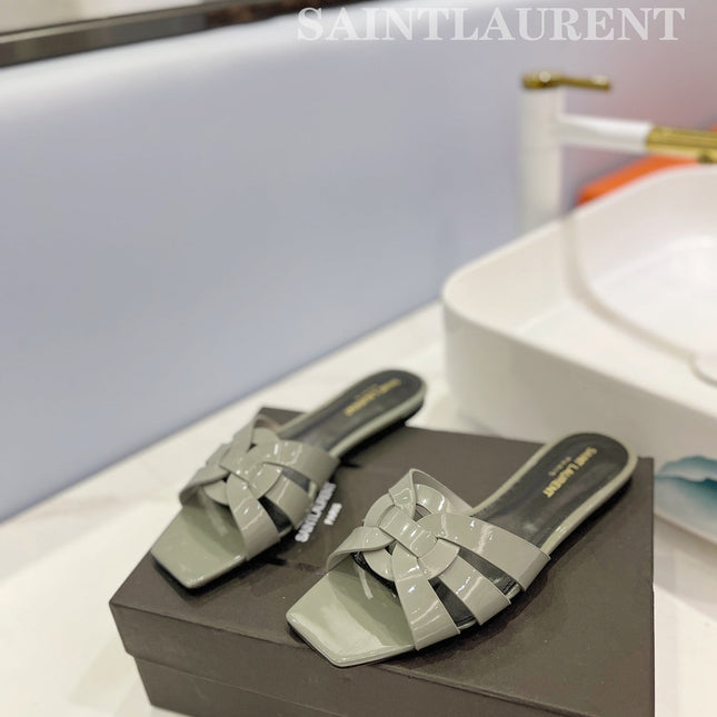 SL TRIBUTE SLIPPERS GLOSSY SAGE CALFSKIN