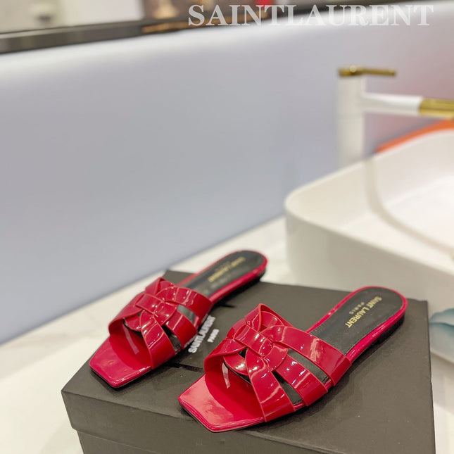 SL TRIBUTE SLIPPERS GLOSSY RED CALFSKIN