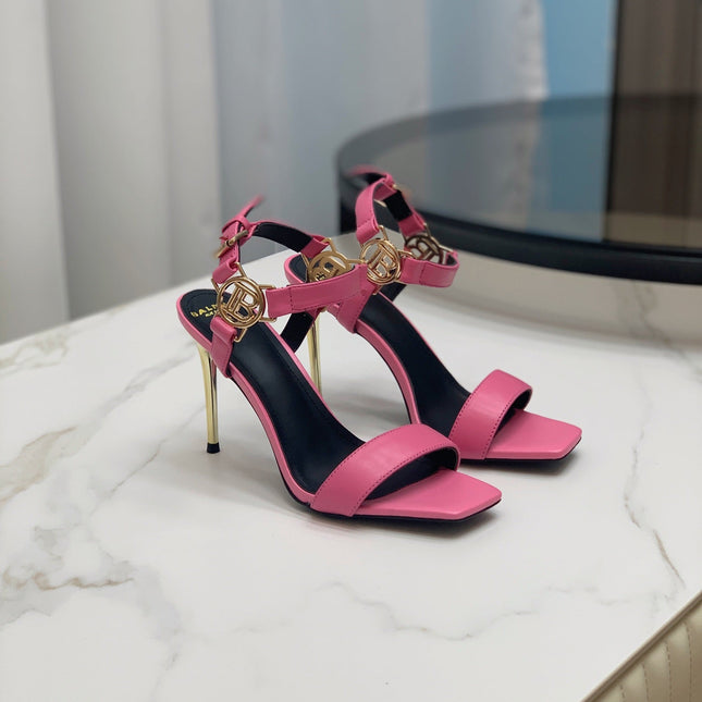 BALMAIN 25S HIGH HEELS WITH B METAL DETAIL 95MM IN PINK CALFSKIN