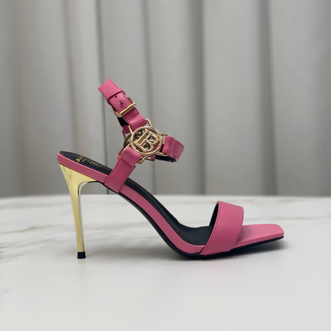 BALMAIN 25S HIGH HEELS WITH B METAL DETAIL 95MM IN PINK CALFSKIN