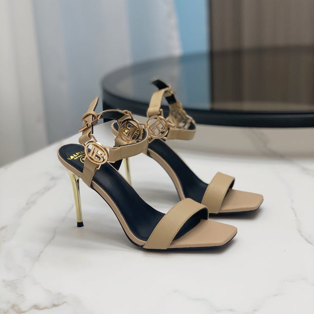 BALMAIN 25S HIGH HEELS WITH B METAL DETAIL 95MM IN LIGHT BROWN CALFSKIN