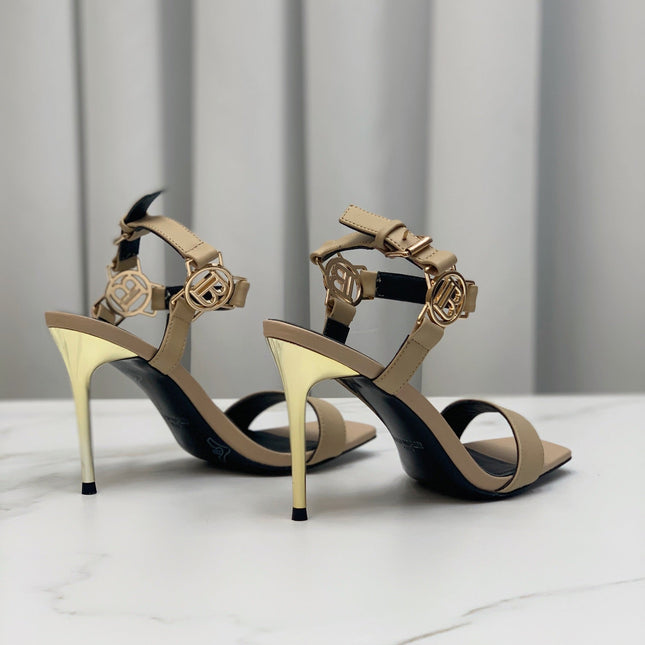 BALMAIN 25S HIGH HEELS WITH B METAL DETAIL 95MM IN LIGHT BROWN CALFSKIN