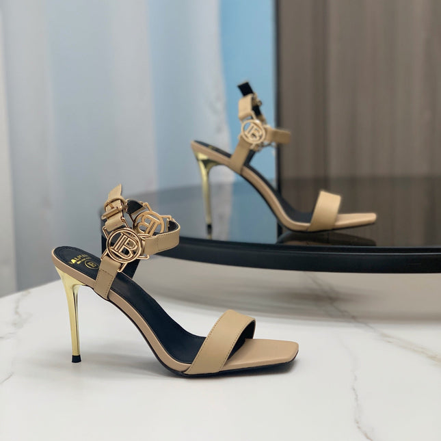 BALMAIN 25S HIGH HEELS WITH B METAL DETAIL 95MM IN LIGHT BROWN CALFSKIN