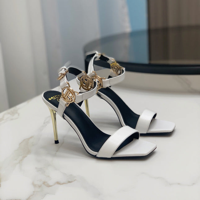 BALMAIN 25S HIGH HEELS WITH B METAL DETAIL 95MM IN LIGHT GRAY CALFSKIN