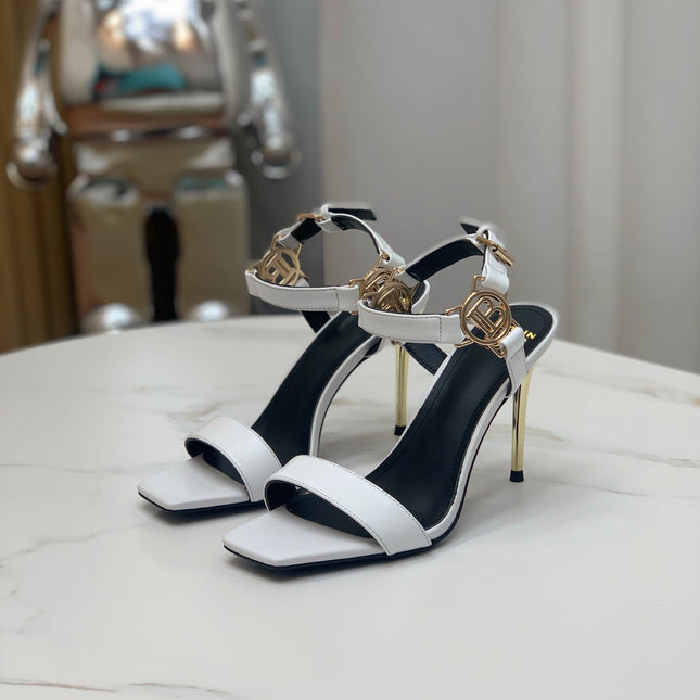 BALMAIN 25S HIGH HEELS WITH B METAL DETAIL 95MM IN LIGHT GRAY CALFSKIN